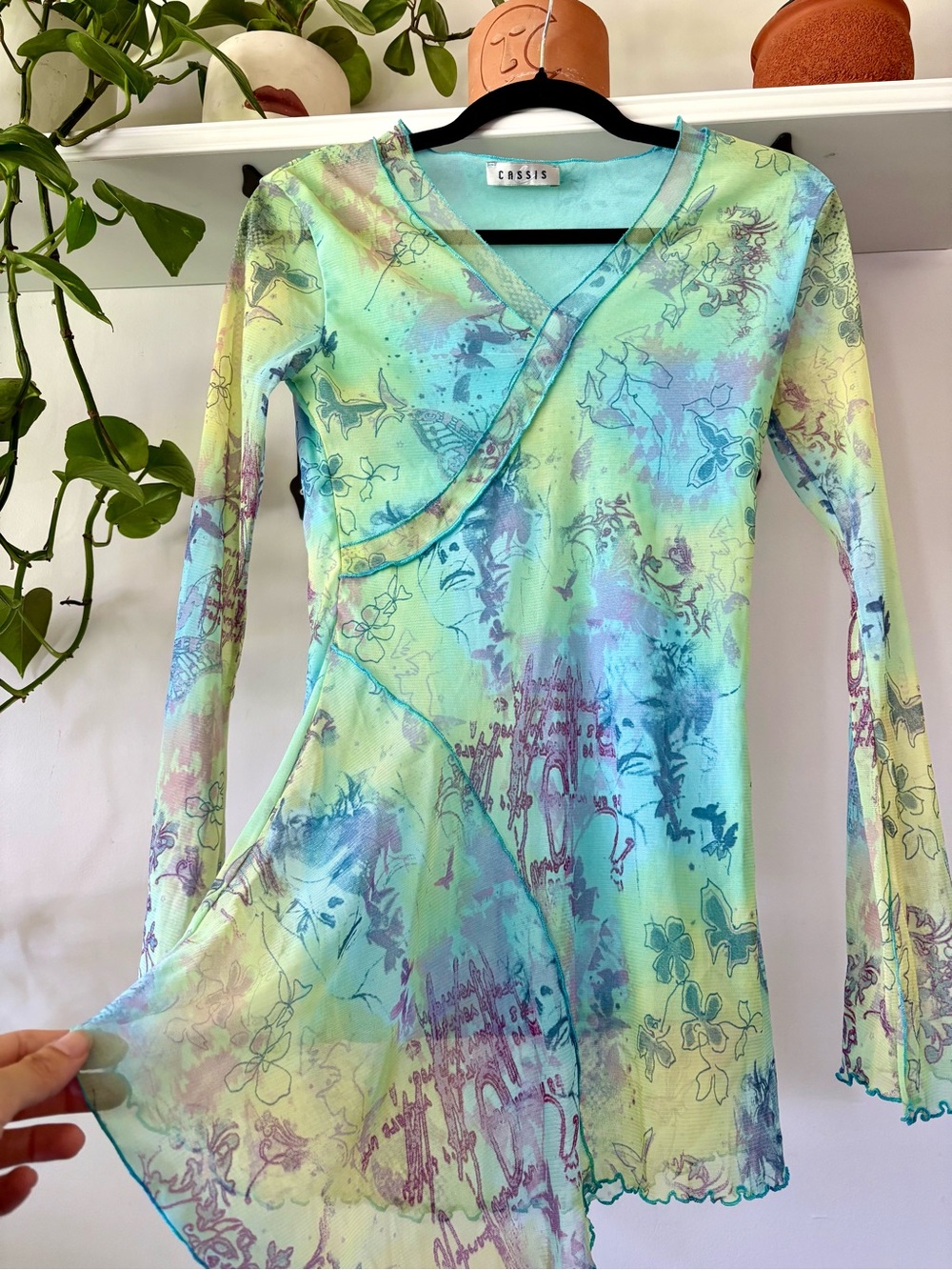 Cassis Pastel Sheer Wrap-Style Top - Aqua & Lavender